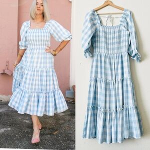 Ivy City Co LARGE Mia Blue White Gingham smocked tiered midi dress